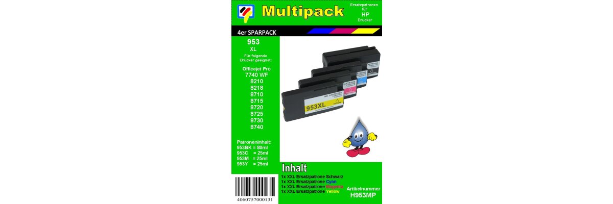 HP953XL - Multipack BCMY - 4 TiDis Recyclingpatronen - ersetzten je 1x L0S70AE / F6U16AE / F6U17AE / F6U18AE - HP953XL - Multipack BCMY - 4 TiDis Recyclingpatronen - ersetzten je 1x L0S70AE / F6U16AE / F6U17AE / F6U18AE