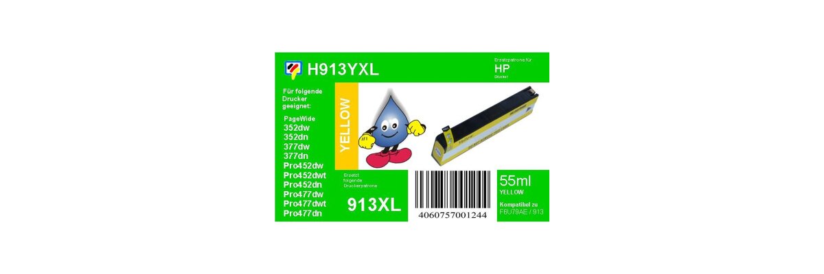 HP913A yellow TiDis Ersatzpatrone mit 3.000 Seiten Druckleitung nach ISO (55ml) - ersetzt F6T79AE - HP913A yellow TiDis Ersatzpatrone mit 3.000 Seiten Druckleitung nach ISO (55ml) - ersetzt F6T79AE