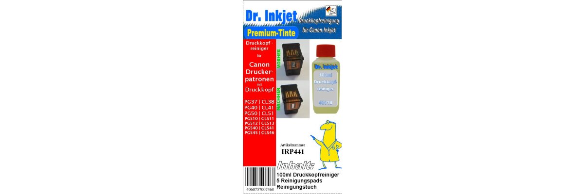 IRP441 - Druckkopfreinigung / Düsenreiniger Set für Canon Druckkopfpatronen PG37 / PG40 / PG50 / PG510 / PG512 / PG540 / PG545 / CL38 / CL41 / CL51 / CL511 / CL513 / CL541 / CL545 - IRP441 - Druckkopfreinigung / Düsenreiniger Set für Canon Druckkopfpatronen PG37 / PG40 / PG50 / PG510 / PG512 / PG540 / PG545 / CL38 / CL41 / CL51 / CL511 / CL513 / CL541 / CL545