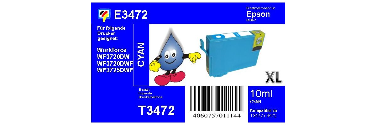 T3472 TiDis XL Ersatzdruckerpatrone cyan mit ca. 950 Seiten Druckleistung nach Iso - T3472 TiDis XL Ersatzdruckerpatrone cyan mit ca. 950 Seiten Druckleistung nach Iso