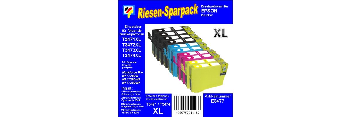 T3477 TiDis Riesensparpack mit 10 XL Patronen, je 4x schwarz und je 2x cyan, magenta und yellow - T3477 TiDis Riesensparpack mit 10 XL Patronen, je 4x schwarz und je 2x cyan, magenta und yellow