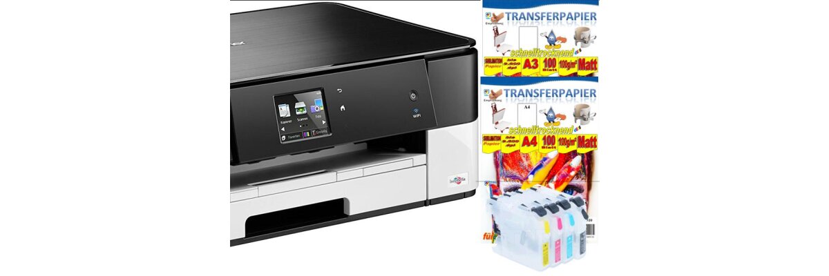 A3 Komplettpaket für Sublimationsdruck Nummer 20 - DIN A3 &amp; DIN A4 - Brother Multifunktionsdrucker inkl. 4 Sublimationspatronen plus 2x 100Blatt A3 und A4 Transferpapier - A3 Komplettpaket für Sublimationsdruck Nummer 20 - DIN A3 &amp; DIN A4 - Brother Multifunktionsdrucker inkl. 4 Sublimationspatronen plus 2x 100Blatt A3 und A4 Transferpapier