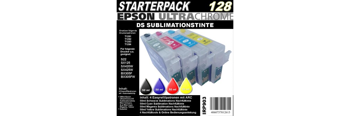 IRP903 für T1281 - T1284 Starterpack mit 4 Patronen + 200ml UltraChrome DS Sublimationstinte - IRP903 für T1281 - T1284 Starterpack mit 4 Patronen + 200ml UltraChrome DS Sublimationstinte