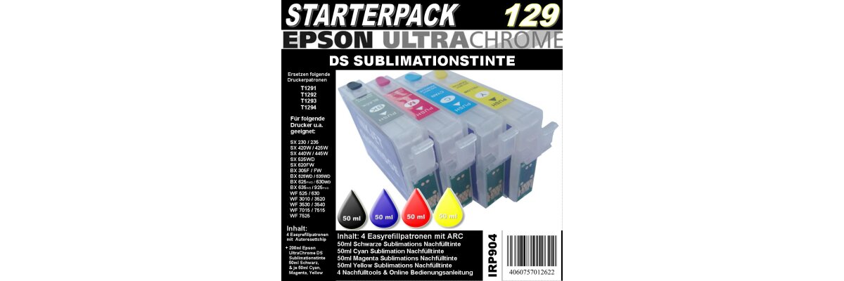 IRP904 für T1291 - T1294 Starterpack mit 4 Patronen + 200ml UltraChrome DS Sublimationstinte - IRP904 für T1291 - T1294 Starterpack mit 4 Patronen + 200ml UltraChrome DS Sublimationstinte