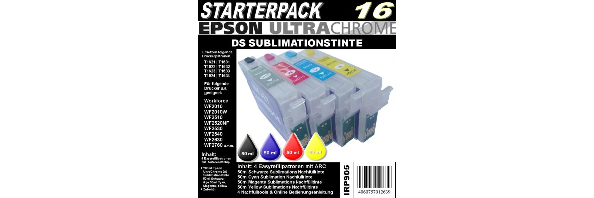 IRP905 für T1631 - T1634 Starterpack mit 4 Patronen + 200ml UltraChrome DS Sublimationstinte - IRP905 für T1631 - T1634 Starterpack mit 4 Patronen + 200ml UltraChrome DS Sublimationstinte