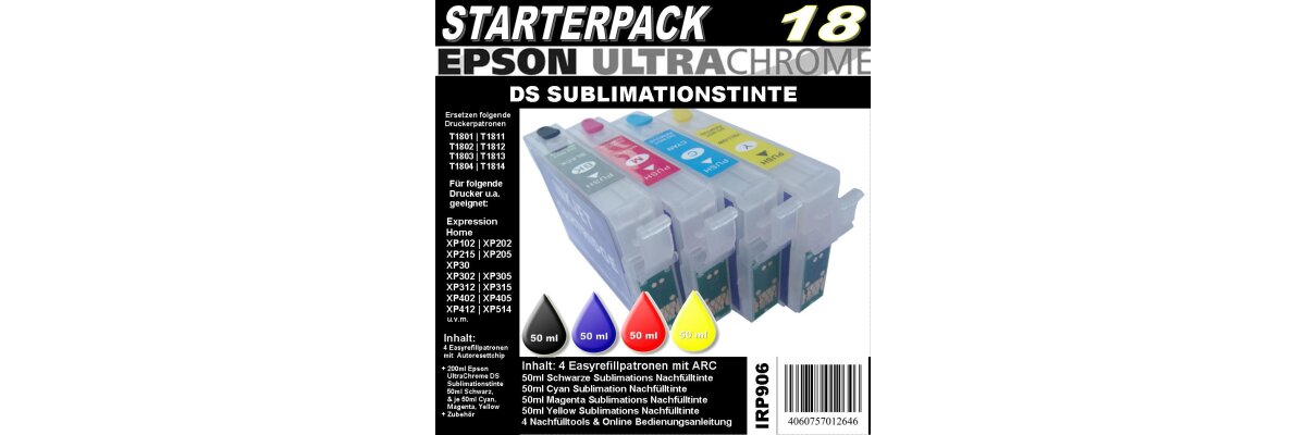 IRP906 für T1811 - T1814 Starterpack mit 4 Patronen + 200ml UltraChrome DS Sublimationstinte - IRP906 für T1811 - T1814 Starterpack mit 4 Patronen + 200ml UltraChrome DS Sublimationstinte