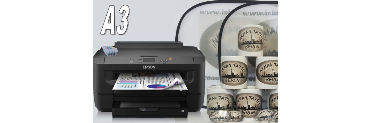 A3 Komplettpaket für Sublimationsdruck Nummer 22 - DIN A3 + DIN A4 - Epson Drucker inkl. 200ml Epson Ultra Chrome DS Sublimationstinte plus 2x100Blatt Transferpapier - A3 Komplettpaket für Sublimationsdruck Nummer 22 - DIN A3 + DIN A4 - Epson Drucker inkl. 200ml Epson Ultra Chrome DS Sublimationstinte plus 2x100Blatt Transferpapier