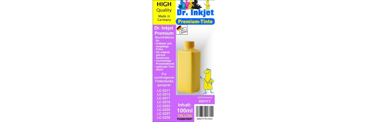 BR91Y - yellow - Dr.Inkjet Premium Nachfülltinte für nachfolgende Patronenserien: LC-3211 / LC-3213 / LC-3217 / LC-3219 / LC-3233 / LC-3235 / LC-3237 / LC-3239 - BR91Y - yellow - Dr.Inkjet Premium Nachfülltinte für nachfolgende Patronenserien: LC-3211 / LC-3213 / LC-3217 / LC-3219 / LC-3233 / LC-3235 / LC-3237 / LC-3239