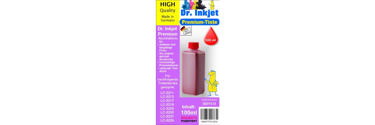 BR91M - Magenta - Dr.Inkjet Premium Nachfülltinte  für nachfolgende Patronenserien: LC-3211 / LC-3213 / LC-3217 / LC-3219 / LC-3233 / LC-3235 / LC-3237 / LC-3239 - BR91M - Magenta - Dr.Inkjet Premium Nachfülltinte  für nachfolgende Patronenserien: LC-3211 / LC-3213 / LC-3217 / LC-3219 / LC-3233 / LC-3235 / LC-3237 / LC-3239