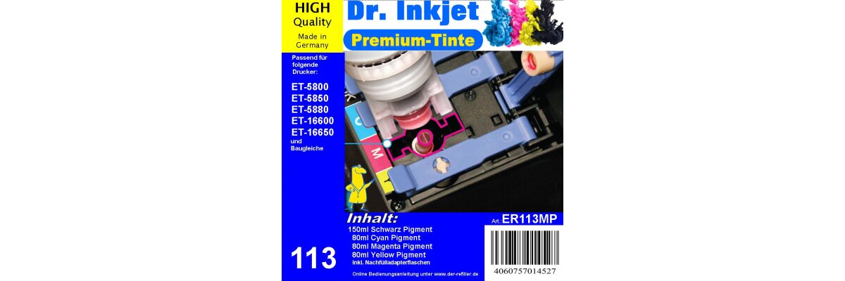 113 | ER113 Dr. Inkjet Pigment Druckertinte für EcoTankdrucker mit der 113 Nachfülltinte - 113 | ER113 Dr. Inkjet Pigment Druckertinte für EcoTankdrucker mit der 113 Nachfülltinte