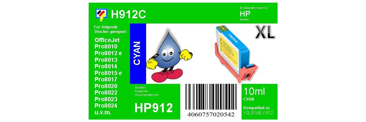 HP912XL - cyan - TiDis Druckerpatrone mit 10ml Inhalt - ersetzt 3YL81AE - HP912XL - cyan - TiDis Druckerpatrone mit 10ml Inhalt - ersetzt 3YL81AE