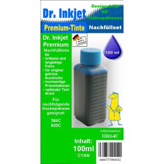 HR64C - cyan - Dr.Inkjet Premium Nachfülltinte in 100ml - 250ml - 500ml - 1000ml Abfüllungen für Ihren HP Drucker