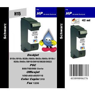 HP15 - TiDis Recyclingpatrone für C6615DE - schwarz -  mit 42ml Inhalt / HP15