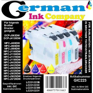 GIC223 - CISS / Easyrefillpatronen Sparpack für LC223 Black, Cyan, Magenta, Yellow mit Autoresettchip und 4x 50ml GIC Sublimationstinte