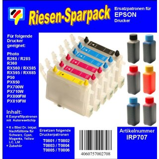 IRP707 - Komplettset CISS / Easyrefill T0801-T0806 Multipack mit 6 Patronen und 300ml Dr.Inkjet Premium Nachfülltinte