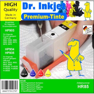 HR85 - Dr. Inkjet Komplett 250ml Set Premium Pigmentierte Nachfülltinte - Alles drin Packung - (BK/C/M/Y)