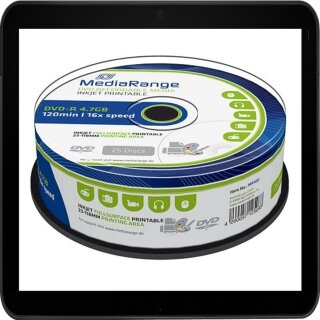 MEDIARANGE DVD-R 4.7GB 16X (25) CB WEISS MR407 CAKE BOX TINTENSTRAHLBEDRUCKBAR