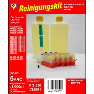 IRP824 - Reinigungspatronen für PGI550 BK &CLI551 BK/C/M/Y + 1000ml Dr.Inkjet Druckkopfreiniger