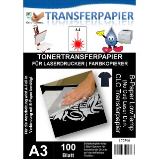 A3 - Toner Transferpapier Laser Dark (No-Cut) B-Paper LowTemp, Format DIN A3, Pack à 100 Blatt - für CMYW (Weißdrucker)