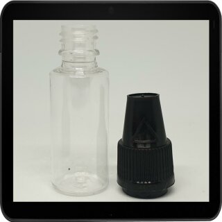 10 ml eLiquid Flasche PET Automatic Line mit KISI Verschluss schwarz und 2,3 mm Spitze eingesetzt