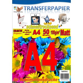 A4 50 Blatt Sublimationspapier: Sublinova Transferpapier für Textilien und Feststoffe - 50 Blatt Packung