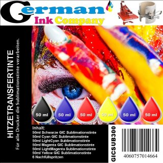 GIC - Hitzetransfertinte | 300ml Sublimationstinte Komplettpack - Farbe Black, Cyan, Lightcyan, Magenta, Lightmagenta,Yellow