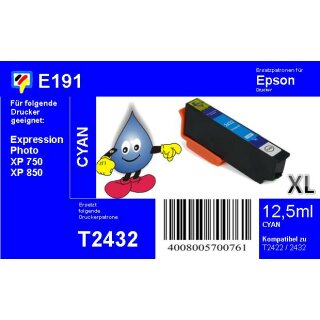 E191 - TiDis Ersatzpatrone - cyan - mit 12,5ml Inhalt ersetzt T2432XL