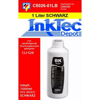 1000ml schwarze Inktec Nachfülltinte für Ihren Canon CLI-526 Patrone