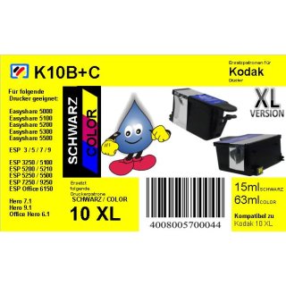 Kodak10B + C - schwarz & color - TiDis Ersatzpatronen Multipack mit 15ml (BK) und 63ml (Col.) Inhalt