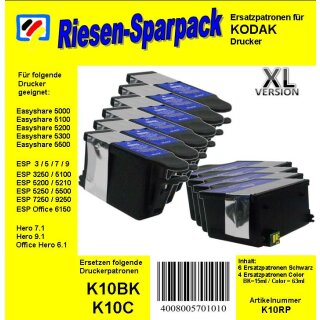 Kodak 10 - TiDis Ersatzpatronen Riesensparpack mit 10 Patronen - 6x schwarz / 4x color -