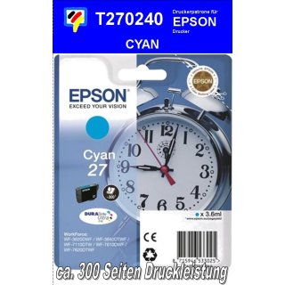 T270240 - cyan - Epson Druckerpatrone mit 3,6ml Inhalt für 300 Seiten Druckleistung - Durabrite Ultra