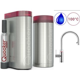 100 Grad heißes, kaltes und Sprudelwasser  - QUOOKER Küchenarmatur QUOOKER FLEX Zugauslauf Chrom - glänzend Combi B mit CUBE 2 100°C Kochendwasserhahn mit Trinkwassersystem