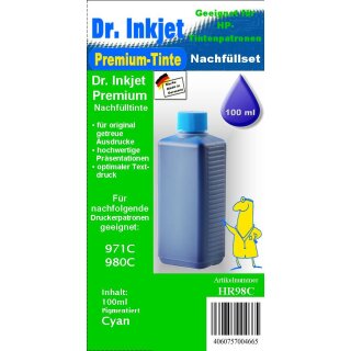 HR98C - cyan- Pigmentierte Nachfülltinte für HP971 | HP973 | HP980 | HP982 | HP991 Druckerpatronen