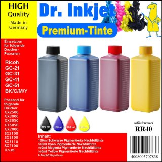 RR40 - Dr. Inkjet Komplett 400ml Set Premium Pigmentierte Nachfülltinte - Alles drin Packung - für Ricoh GC21, GC31, GC41 & GC51 Eayrefillpatronen