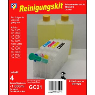 IRP220 - Druckkopfreinigungsset für Ricoh Drucker mit den GC-21 Druckerpatronen - 4 Spezialpatronen mit Autoresettchip und 1000ml Druckkopfreiniger