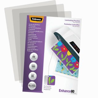 A4 FELLOWES ENHANCE80 100 Blatt glänzende Laminierfolien mit Universal-Lochung - 80 micron