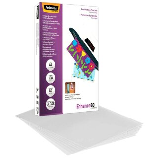 A4 FELLOWES ENHANCE80 100 Blatt glänzende Laminierfolien mit selbstklebenden Rücken - 80 micron