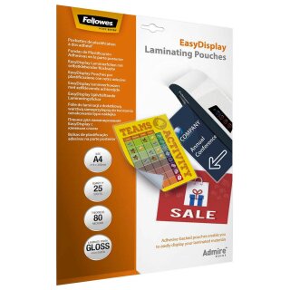 A4 FELLOWES ADMIRE EASYDISPLAY 25 Blatt glänzende Laminierfolien mit selbstklebenden Rücken - 80 micron