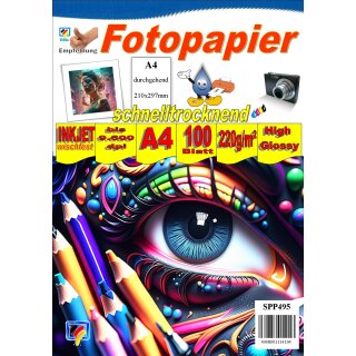 100 Blatt DIN A4 Fotopapier 220g hochglänzend - Vorderseite High Glossy | Rückseite Matt