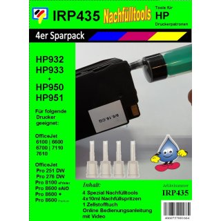 IRP435 - Nachfülltools für die HP Druckerpatronen HP932 / HP933 / HP950 / HP951 / HP953 / HP957 - 4er Pack inkl. 4x 10ml Spritzen