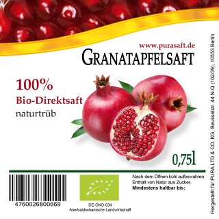 Bio Granatapfelsaft 12x 0,75 Liter Flaschen - Granatapfelsaft aus Aserbaidschan!