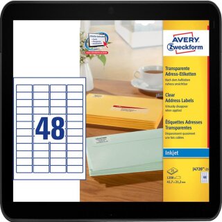 45,7 x 21,2 mm - 1.200 AVERY Zweckform Folien-Adressetiketten J4720-25 transparent für Inkjet Drucker