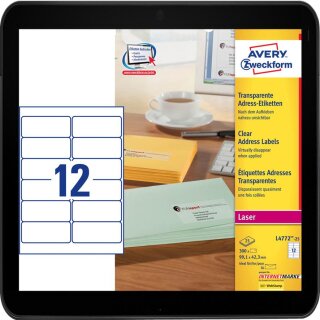 99,1 x 42,3 mm - 300 AVERY Zweckform Folien-Adressetiketten L4772-25 transparent für Inkjet- und Laserdrucker