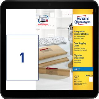 210,0 x 297,0 mm - 25 AVERY Zweckform Folien-Versandetiketten J8567-25 transparent für Inkjetdrucker