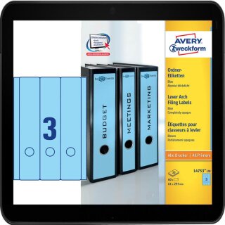 Für Rückenbreite 7 - 8cm - 60 AVERY Zweckform Ordneretiketten L4753-20 blau für Inkjet, Laser und Kopierer