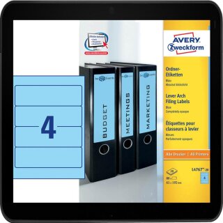 Für Rückenbreite 7 - 8cm - 80 AVERY Zweckform Ordneretiketten L4767-20 blau für Inkjet, Laser und Kopierer