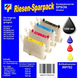 IRP752 - Starterpack CISS / Easyrefillpatronen ersetzen T27 + T27XL Multipack mit 4 Patronen und 250ml Dr.Inkjet Premium Nachfülltinte