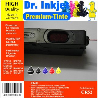 CR52 - 300ml Starterpack Dr. Inkjet Premium Nachfülltinte  für Canondrucker  mit 5 Farben - Alles drin Packung - für PGI550 + CLI551 CMYK