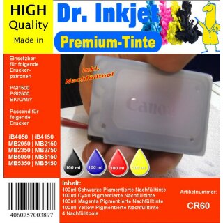 CR60 - 400ml Dr.Inkjet Starterpackung mit je 100ml Pigmentierte BCMY Nachfülltinte für PGI1500 + PGI2500 Druckerpatronen inkl.4 Dr.Inkjet Nachfülltools