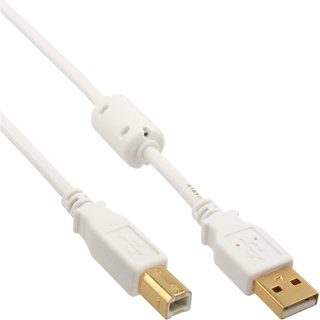 InLine® USB 2.0 Kabel, A an B, weiß / gold, mit Ferritkern, 2m